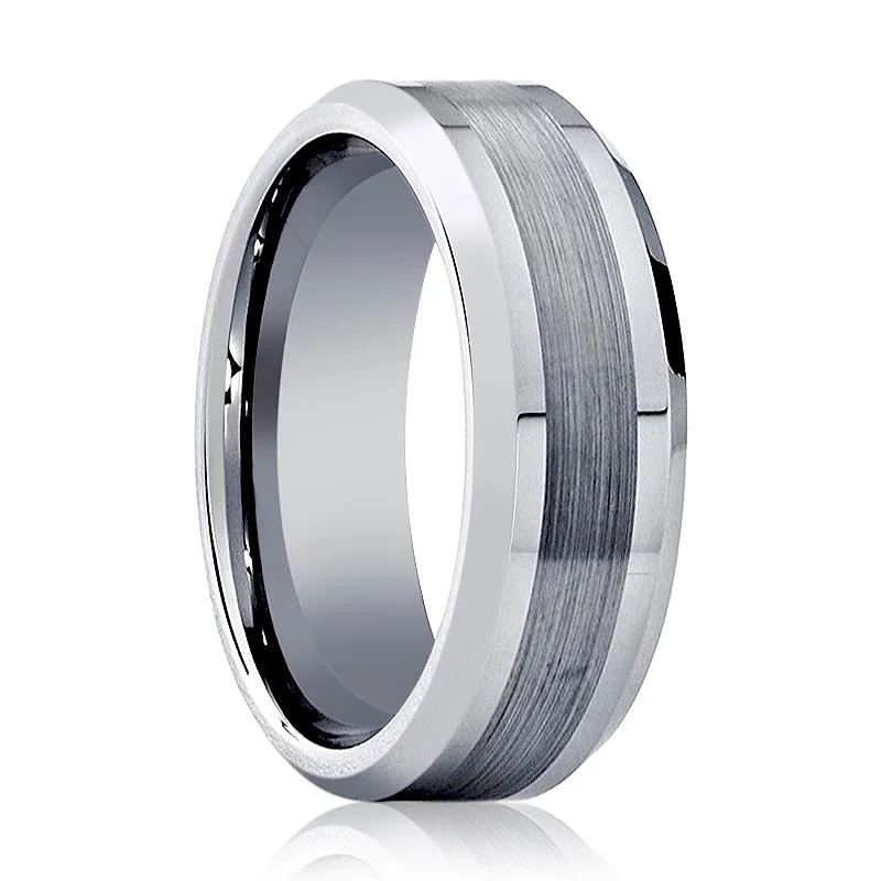 luxury engagement rings for women-ROCK | Silver Tungsten Ring, Brushed Center, Beveled