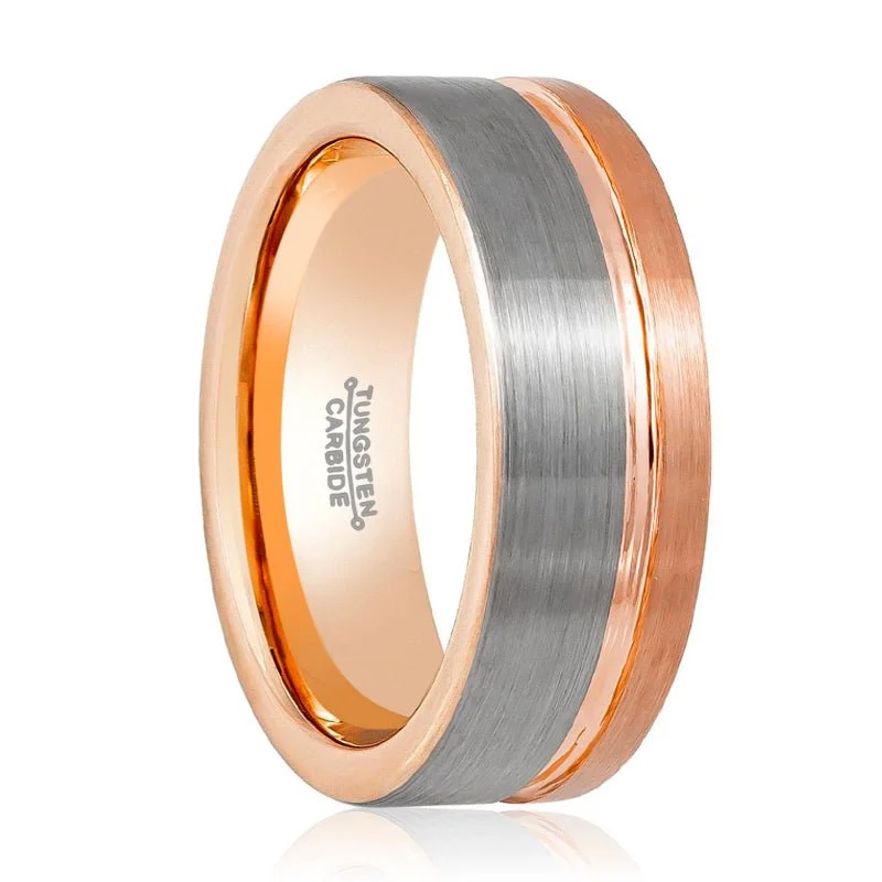 classic wedding engagement rings for women-LEONEL | Rose Gold Tungsten Ring, Silver Brushed, Rose Gold Groove