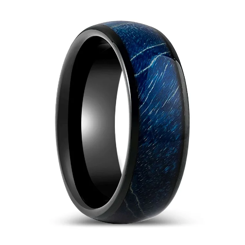 solitaire engagement rings for women-NASOS | Black Tungsten Ring, Azure Stabilized Wood Inlay, Domed