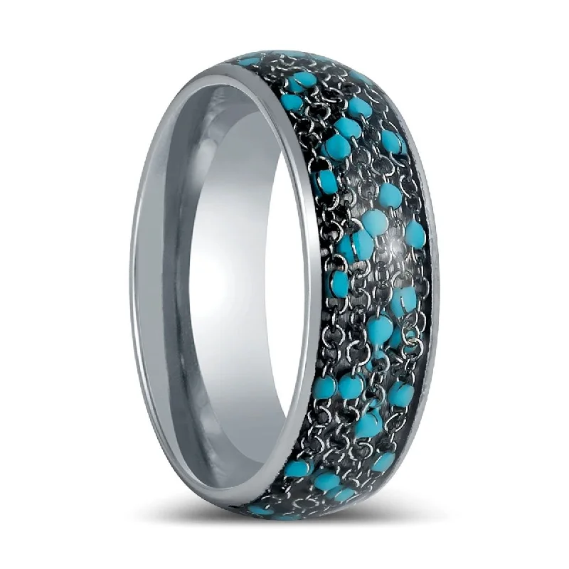 oval diamond engagement rings for women-BEADWIRE | Silver Tungsten Ring, Domed Ring with Blue Beads Inlay