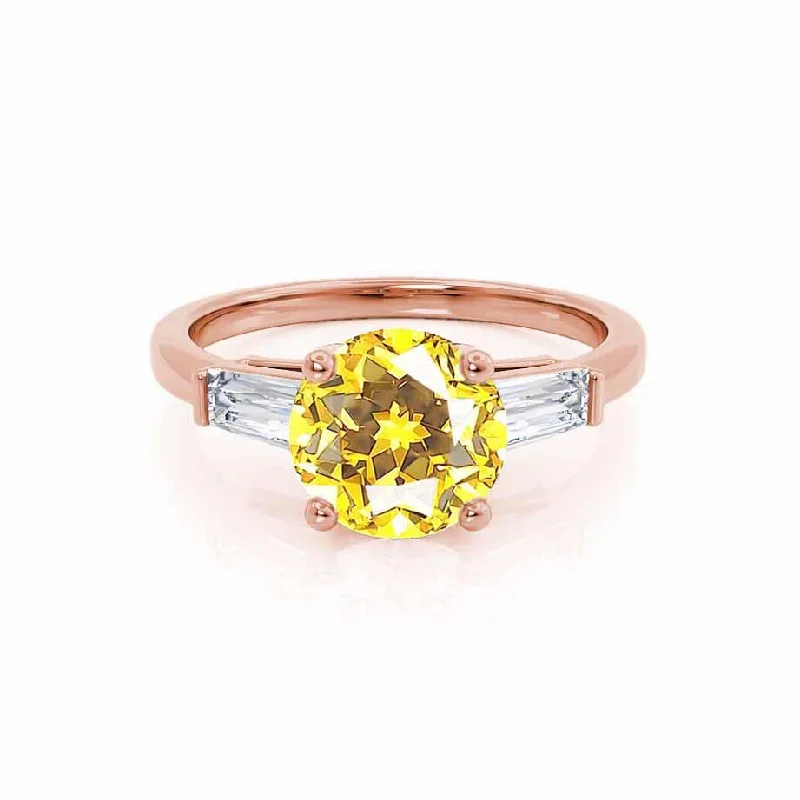 LOVETTA - Chatham® Round Canary Yellow Sapphire & Diamond Baguette 18k Rose Gold Trilogy