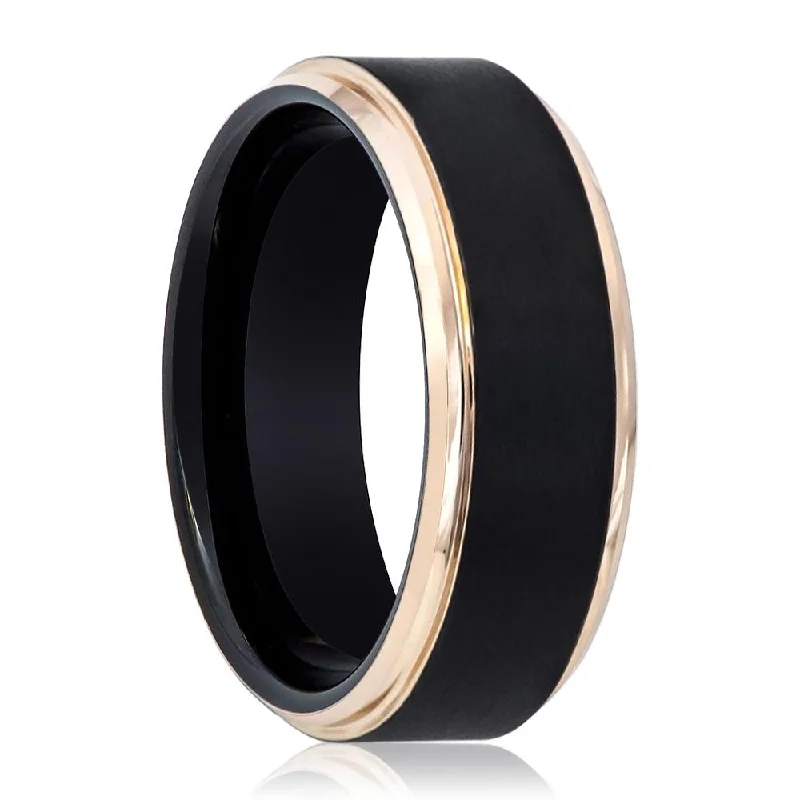 solitaire engagement rings for women-LEONARDO | Black Tungsten Ring, Brushed, Rose Gold Stepped Edge