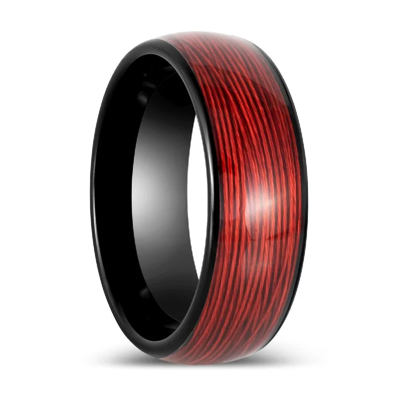 stunning engagement rings for women-POTLATCH | Black Tungsten Ring with Red Wire Inlay