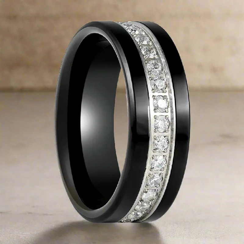 vintage engagement rings for women-LEPORIS | Black Tungsten Ring, Diamond Stimulant CZ Eternity, Flat