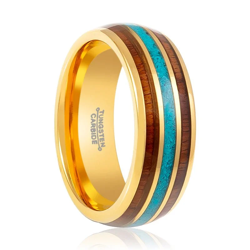 blue sapphire engagement rings for women-GUNNAR | Gold Tungsten Ring, Rosewood & Crushed Turquoise Inlay, Domed