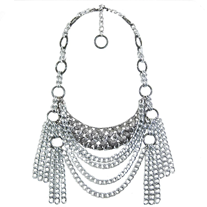 statement necklaces for women-#1120n Silver Tone Bib Necklace With Chain Tassels