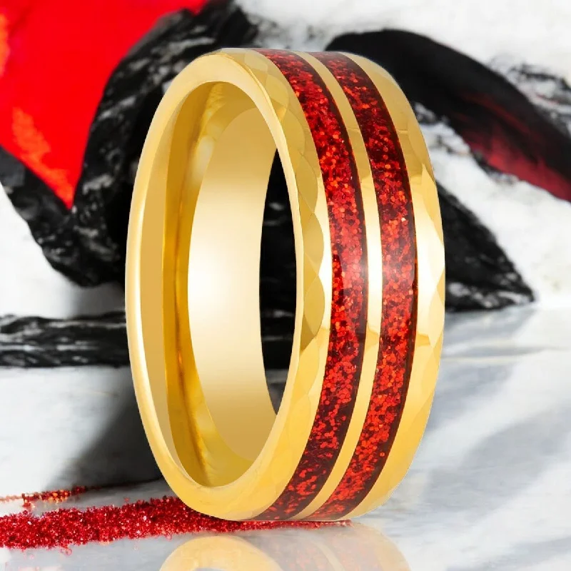 unique wedding engagement rings for women-GLEAMFIRE | Gold Tungsten Ring, Red Glitter Inlay, Faceted Edge