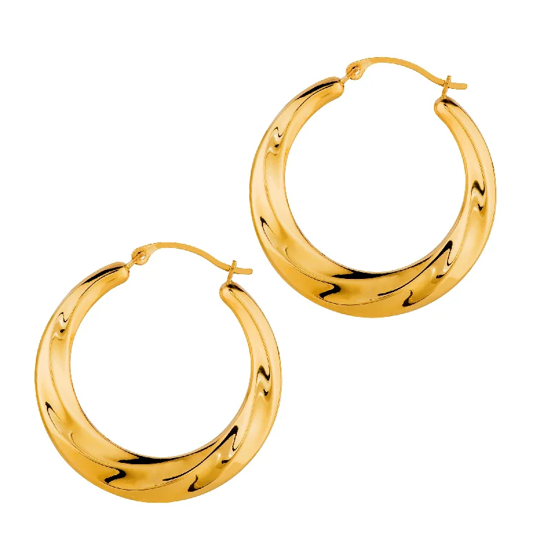 silver dangle earrings for women-14K Yellow Gold Shiny Textured Round Hoop Earrings, Diameter 25mm