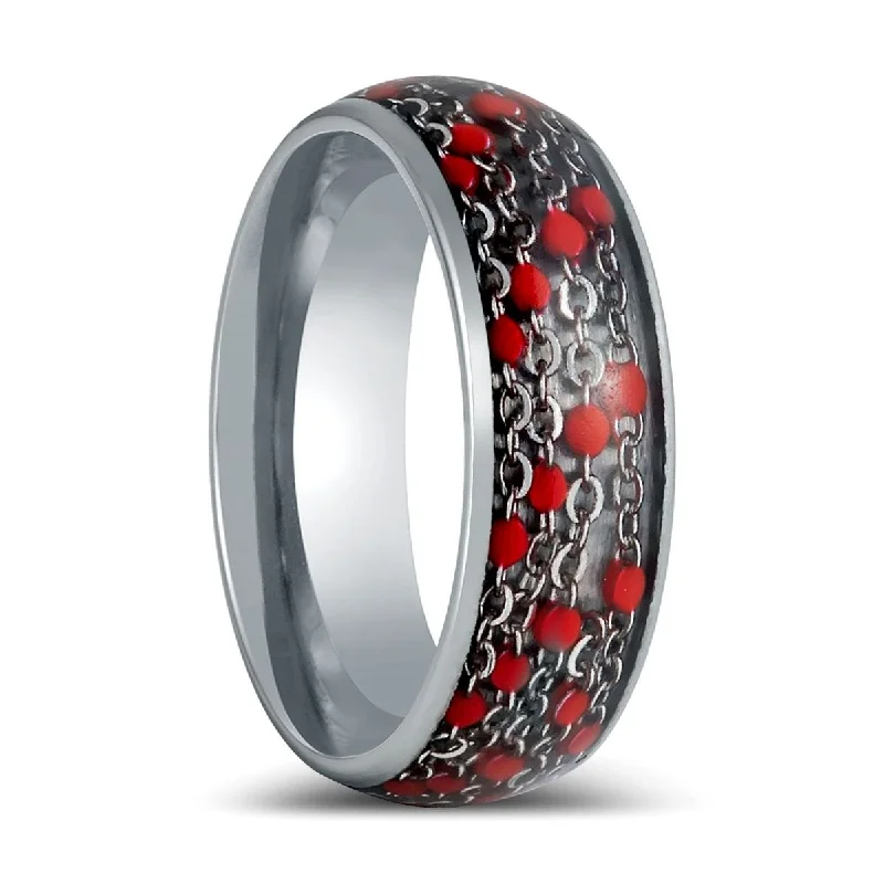 classic wedding engagement rings for women-SCARLETLINK | Silver Tungsten Ring, Domed Ring with Red Beads Inlay