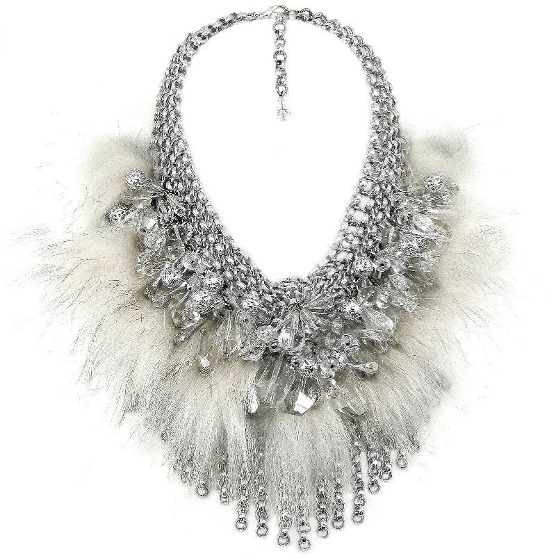 layered gold necklaces for women-#886n Chainmail, Crystal & Fur Bib Necklace