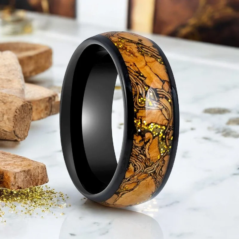 gemstone engagement rings for women-ERMIS | Black Tungsten Ring, Cork and Gold Glitter Inlay, Domed