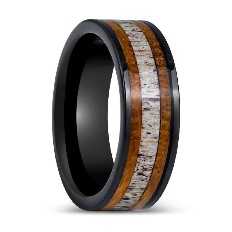 engagement rings with side stones for women-DEERWOOD | Black Tungsten Ring, Deer Antler & Barrel Wood Inlay, Flat