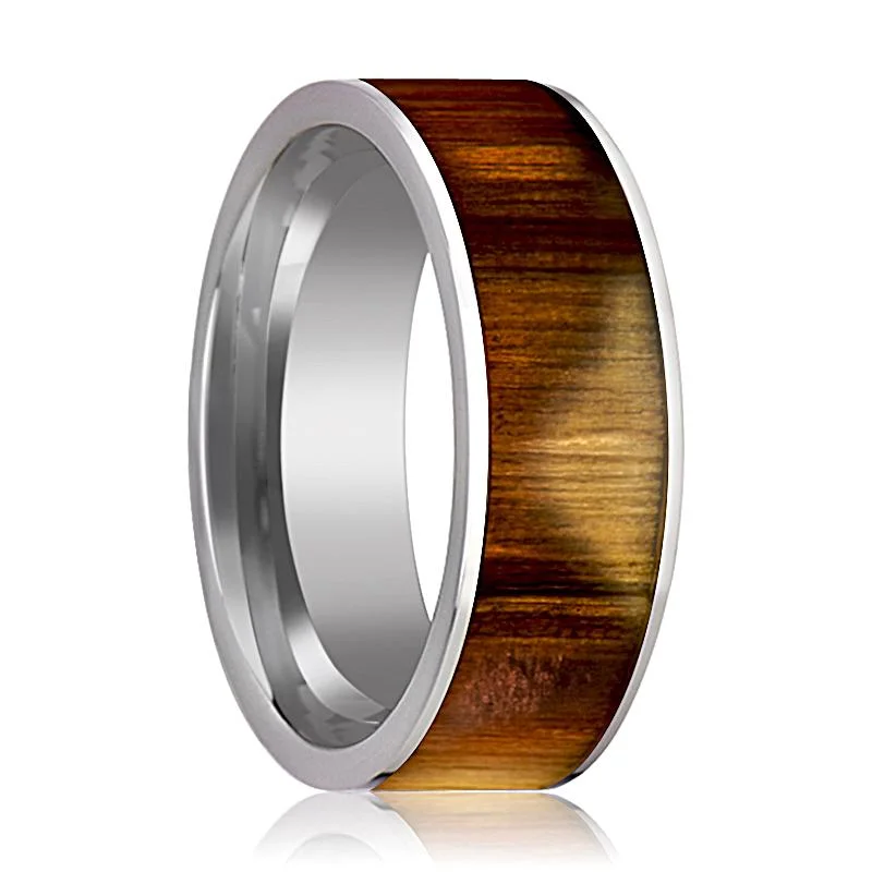 affordable diamond engagement rings for women-OLIVASTER | Silver Tungsten Ring, Olive Wood Inlay, Flat