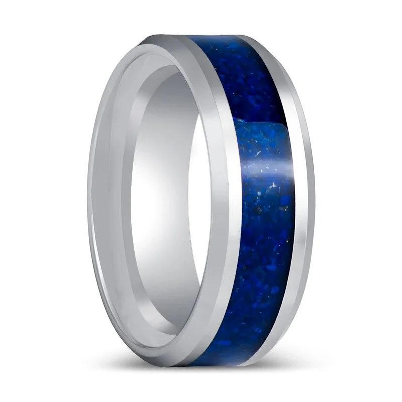 stackable engagement rings for women-BOYDTON | Silver Tungsten Ring Lapis Lazuli Inlay