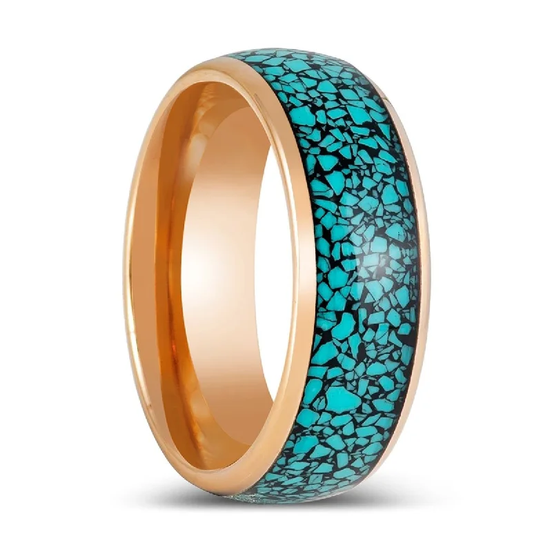 custom designed engagement rings for women-AQUAGLAZE | Rose Gold Tungsten Ring, Domed Ring, Blue Turquoise Inlay