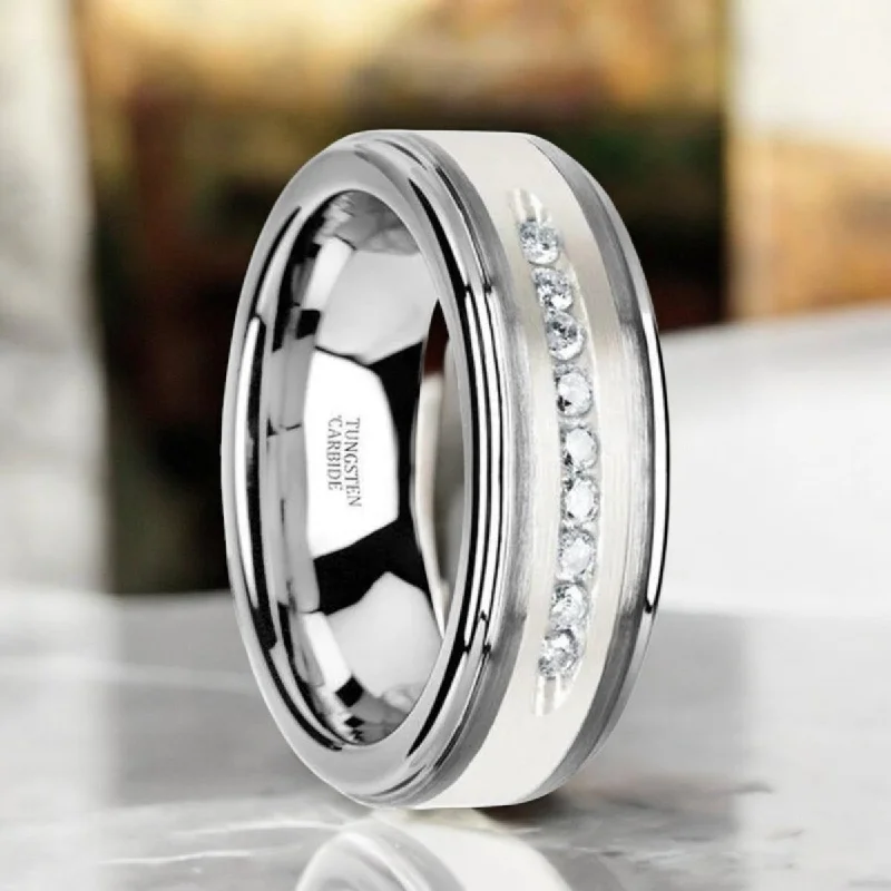 top engagement rings for women-HARPER | Silver Tungsten Ring, Sterling Inlay, White Diamonds, Stepped Edge