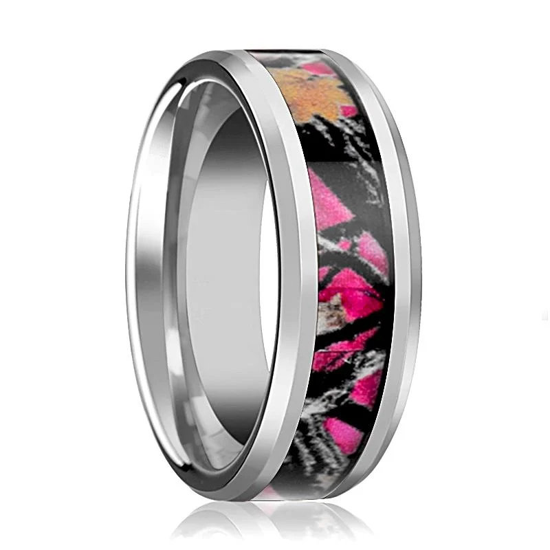 two-stone engagement rings for women-Pink Oak Leaves Camouflage Men's Tungsten Wedding Band with Beveled Edges - 6MM - 8MM