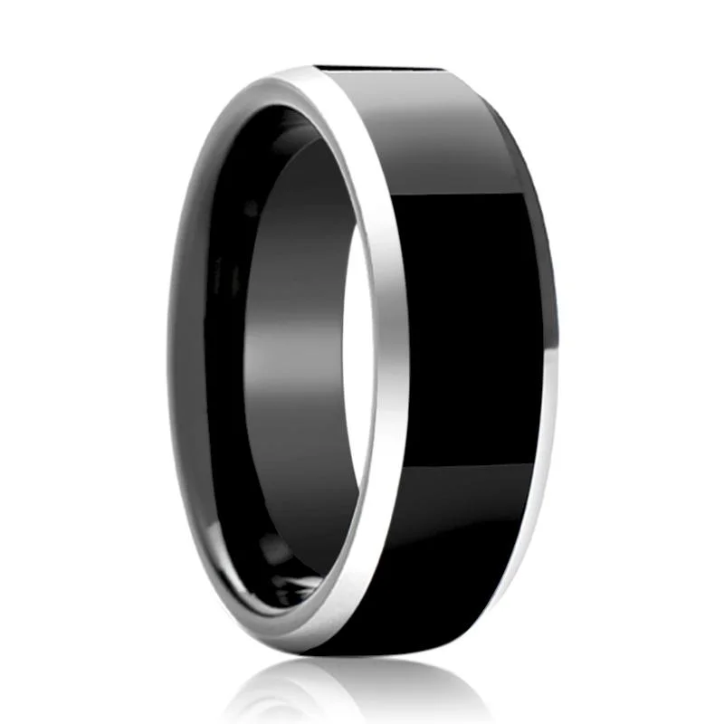 forever engagement rings for women-INFERNO | Black Tungsten Ring, High Polished, Silver Beveled