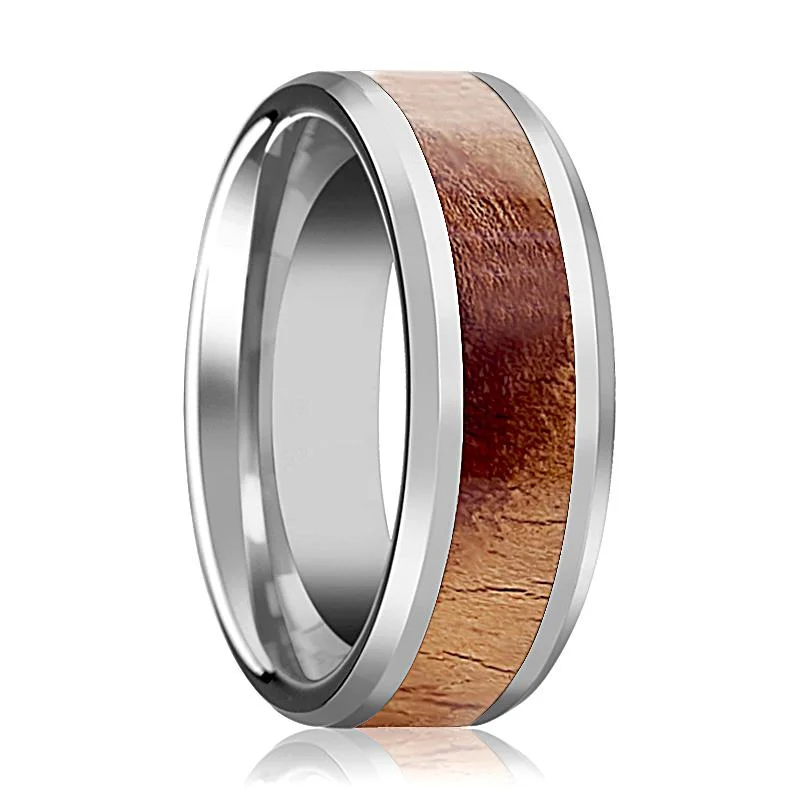 double band engagement rings for women-OLLIVANDER | Silver Tungsten Ring, Olive Wood Inlay, Beveled