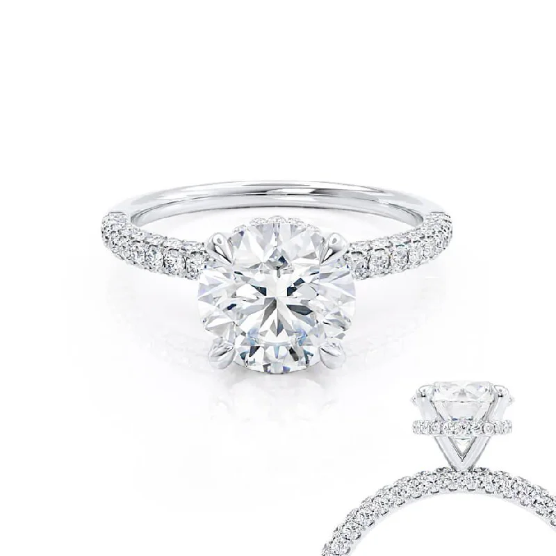 COCO-  Ready to Ship 1.50ct Round Moissanite & Diamond 18k White Gold Petite Hidden Halo Triple Pavé Shoulder Set Ring