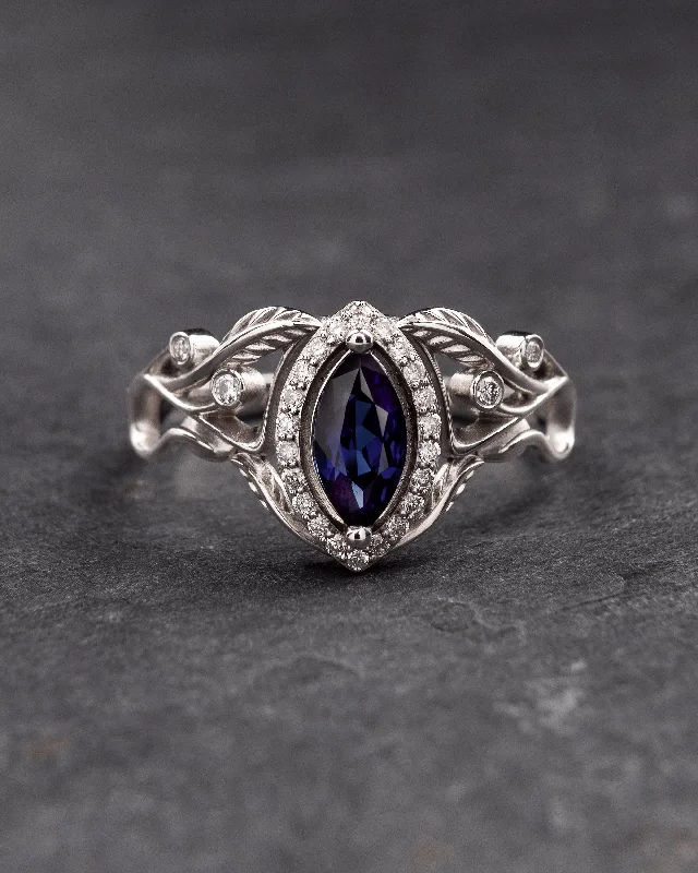 Art nouveau engagement ring with royal blue lab sapphire / Callisto