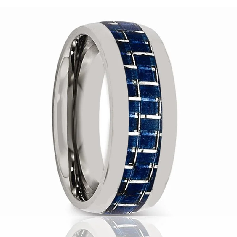 stackable diamond engagement rings for women-CARBON | Silver Tungsten Ring, Blue Carbon Fiber Inlay, Domed