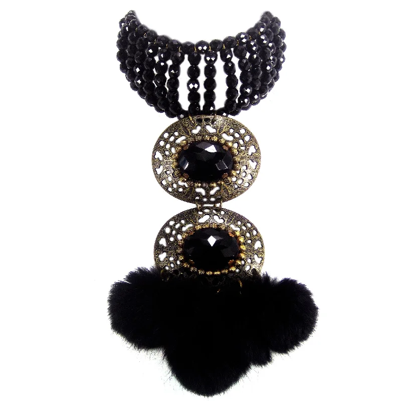 affordable necklaces for women-#863n Jet Bead Choker With Old Gold, Jet Cabochon & Fur Tassel Pendant