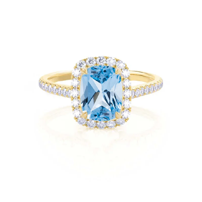 DARLEY - Chatham® Aqua Spinel Elongated Cushion Micro Pavé 18k Yellow Gold Halo