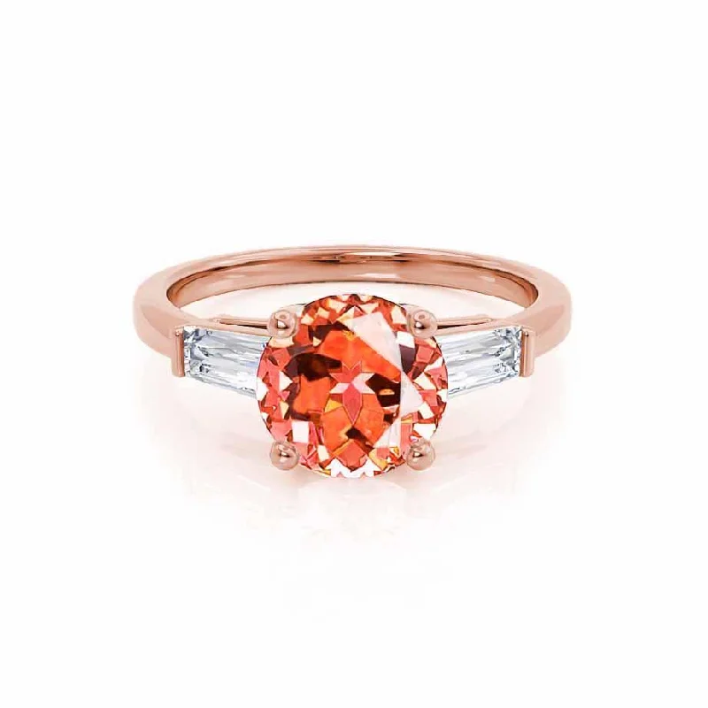 LOVETTA - Chatham® Round Padparadscha & Diamond Baguette 18k Rose Gold Trilogy