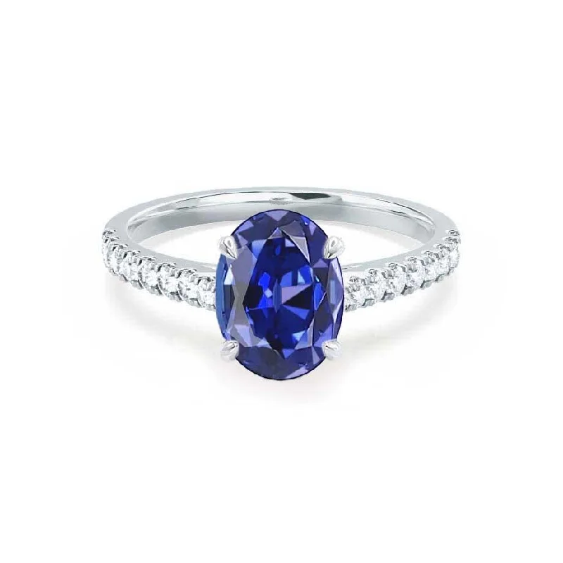 VIOLA - Chatham® Blue Sapphire Oval  & Diamond 950 Platinum Shoulder Set Ring