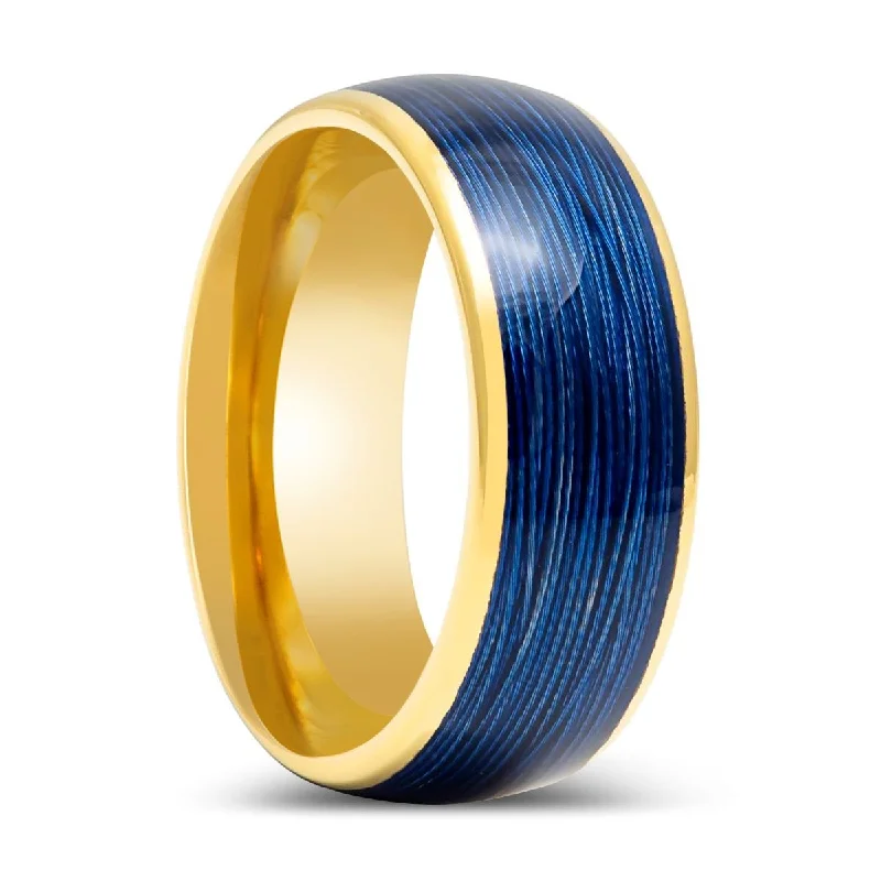 modern diamond engagement rings for women-LEHRI | Yellow Gold Tungsten Ring with Blue Wire Inlay