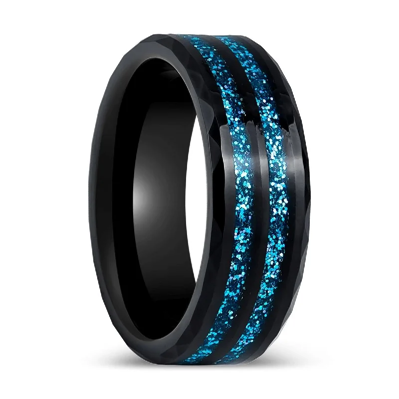 hand-crafted engagement rings for women-ASHEN | Black Tungsten Ring, Blue Glitter Inlay, Beveled Edges