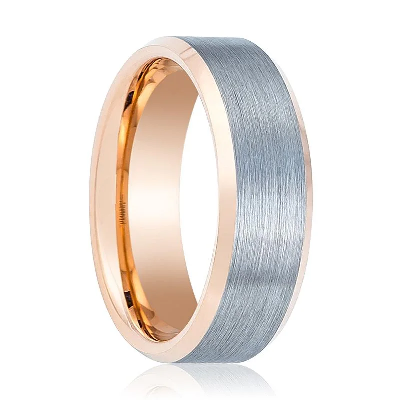 stunning engagement rings for women-KINGRAY | Rose Gold Tungsten Ring, Silver Brushed, Beveled