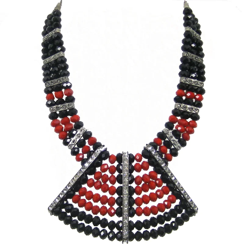 infinity necklaces for women-#1032n Red & Black Bead Bib Necklace With Rhinestone Stations