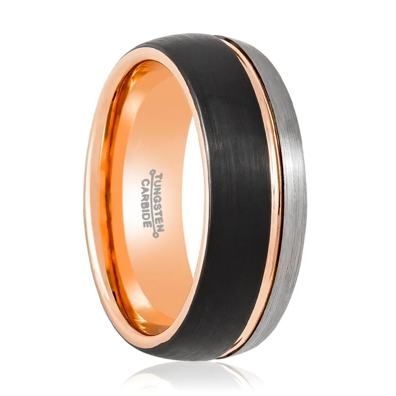 custom diamond engagement rings for women-MATTHIAS | Tungsten Ring Three Tone Silver, Rose Gold & Black