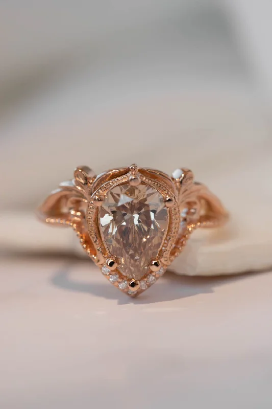 Big pear champagne diamond engagement ring, vintage inspired rose gold statement ring / Lida