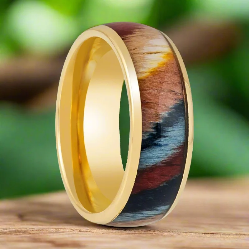 heart-shaped engagement rings for women-CARVEDEN | Yellow Tungsten Ring, Colorful Dyed Rosewood Inlay