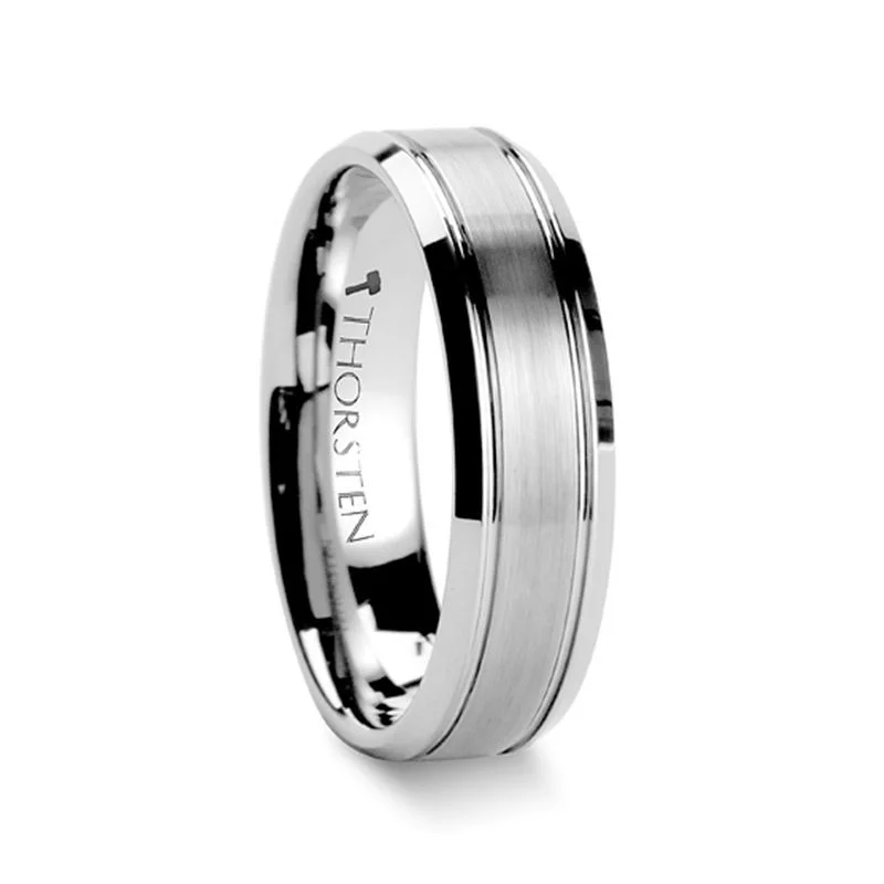 bridal engagement rings for women-CRONUS | Silver Tungsten Ring, Brushed Center 2 Grooves, Domed