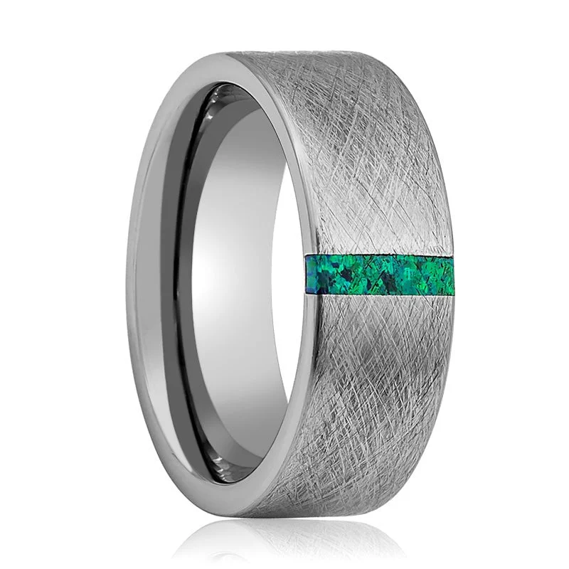 multi-stone engagement rings for women-STARK | Tungsten Ring Lime Green Opal Bar