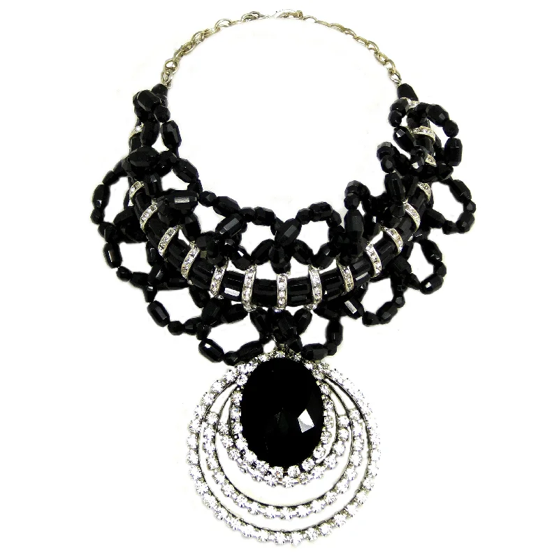 classic pearl necklaces for women-#755nb Jet Glass & Rhinestone Choker With Pendant