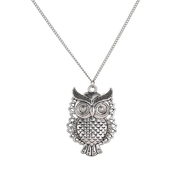 unique necklaces for women-Vintage Vivid Carved Owl Antique Silver Necklace for Women