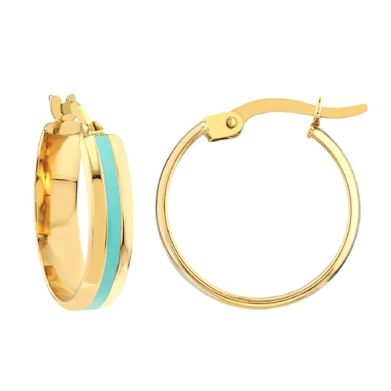 floral earrings for women-14k Yellow Gold Turquoise Blue Enamel Hoop Earrings with Latch Back