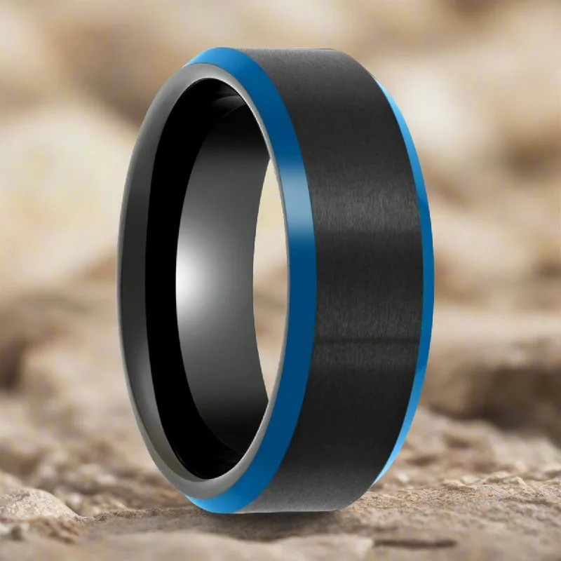 classic halo engagement rings for women-ROLFE | Black Tungsten Ring, Blue Beveled Edge