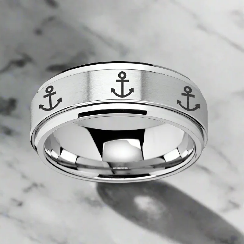 affordable diamond engagement rings for women-NAVIGATOR | Silver Tungsten Ring, Fidget Spinner, Laser Engraved Anchor, Beveled