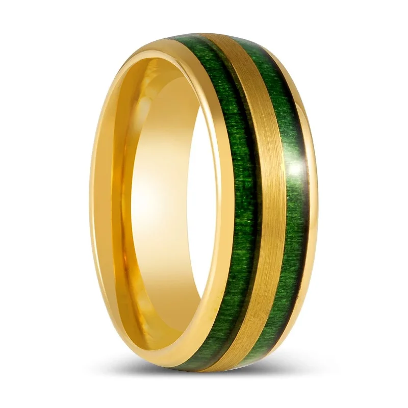 affordable diamond engagement rings for women-GARRISON | Gold Tungsten Ring, Green Jade Wood Inlay, Domed