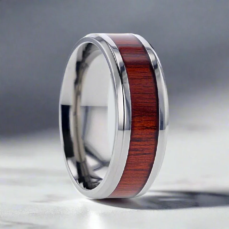 round-cut engagement rings for women-NORRO | Silver Titanium Ring, Padauk Wood Inlay, Beveled