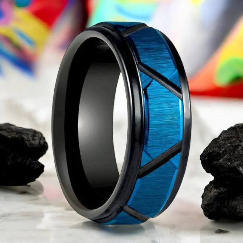 split shank engagement rings for women-OBSCURA | Black Tungsten Ring, Blue and Black Trapezoids Design, Stepped Edge