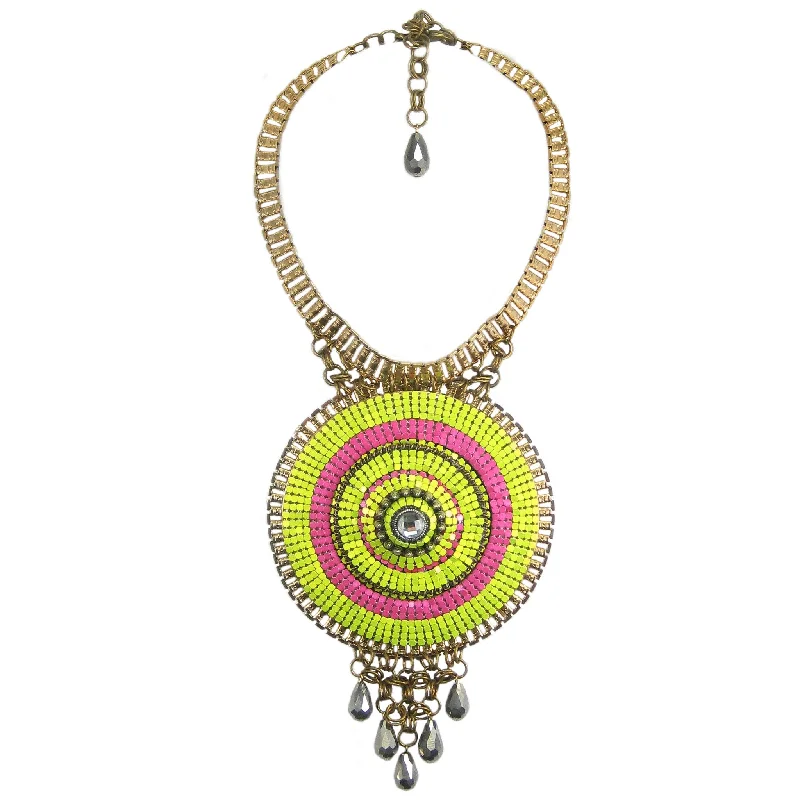 romantic gift necklaces for women-#1098n Gold Tone, Fuchsia & Lime Oversized Pendant Necklace with Gunmetal Bead Detail