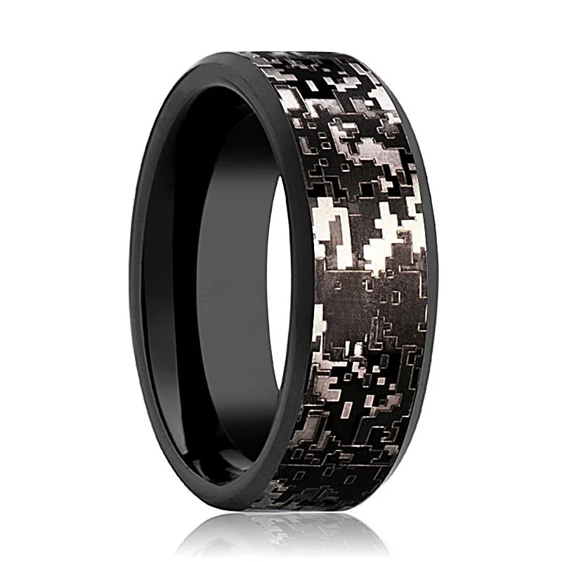 hand-crafted engagement rings for women-Men's Black Tungsten Wedding Band with Black Digital Camouflage Inlay and Bevels - 8MM