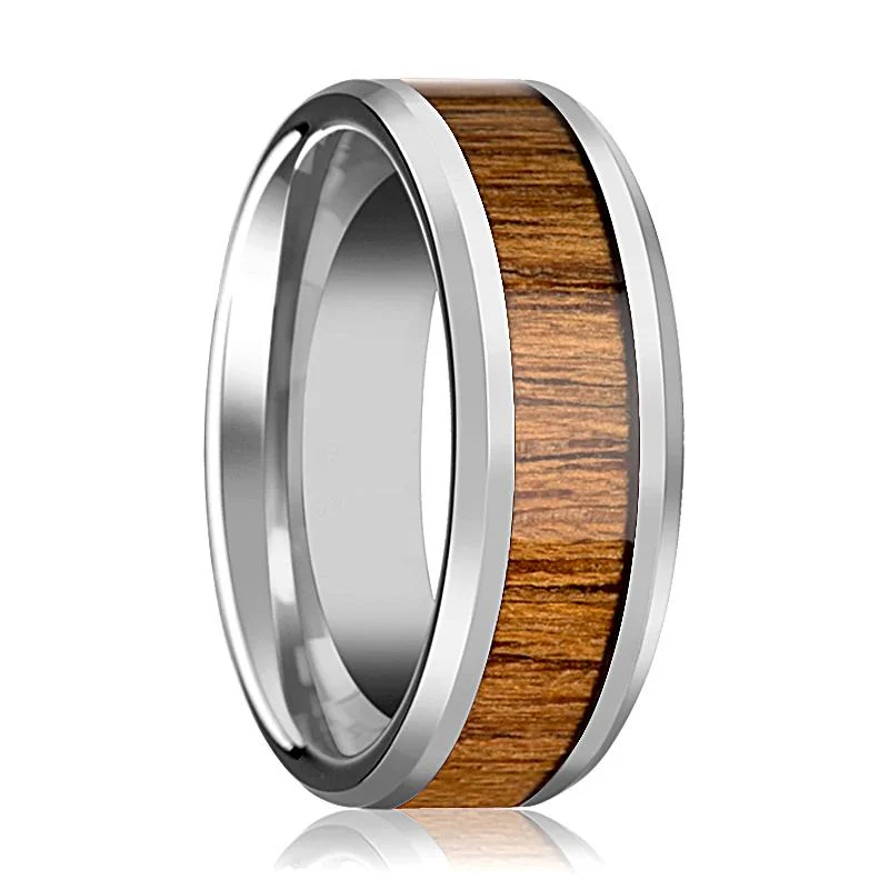 diamond solitaire rings for women-TEKKU | Silver Tungsten Ring, Teak Wood Inlay, Beveled